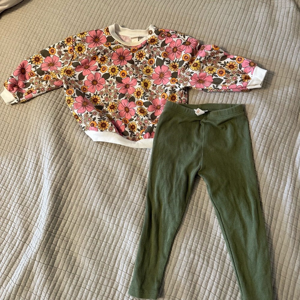 Cat & Jack Pink Floral Top and Green Leggings Set